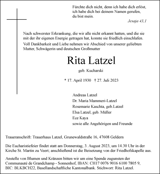 Traueranzeige von Rita Latzel von Rheinische Post