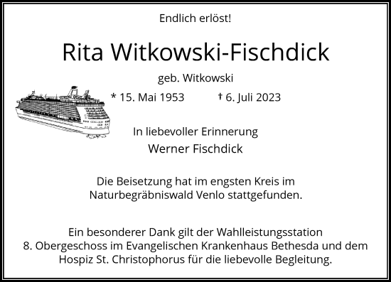 Traueranzeige von Rita Witkowski-Fischdick von Rheinische Post
