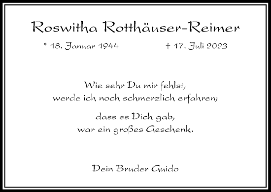 Traueranzeige von Roswitha Rotthäuser-Reimer von Rheinische Post