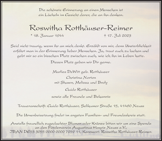 Traueranzeige von Roswitha Rotthäuser-Reimer von Rheinische Post