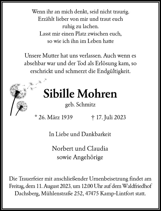 Traueranzeige von Sibille Mohren von Rheinische Post