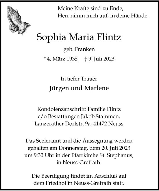 Traueranzeige von Sophia Maria Flintz von Rheinische Post