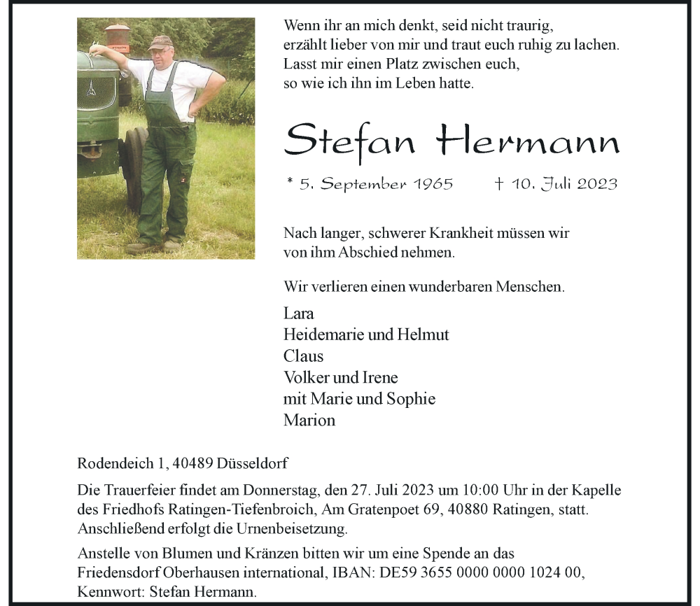  Traueranzeige für Stefan Hermann vom 22.07.2023 aus Rheinische Post
