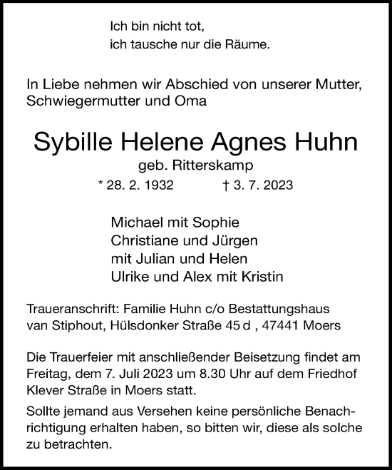 Traueranzeige von Sybille Helene Agnes Huhn von Rheinische Post