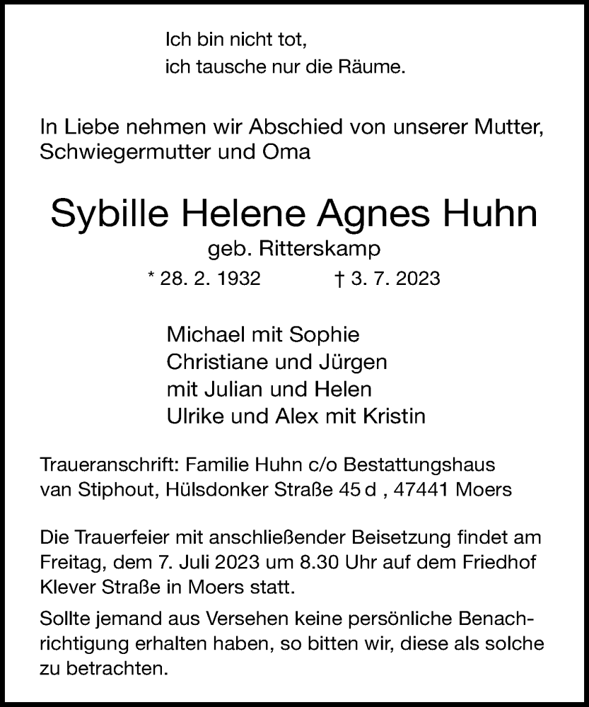  Traueranzeige für Sybille Helene Agnes Huhn vom 05.07.2023 aus Rheinische Post