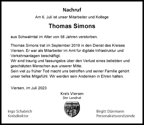 Traueranzeige von Thomas Simons von Rheinische Post