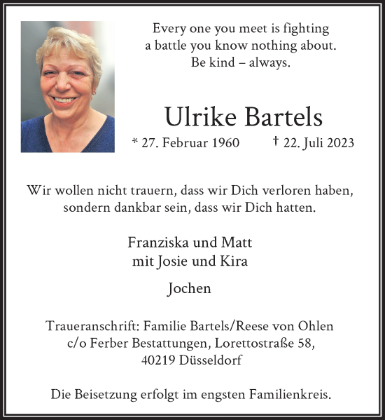 Traueranzeige von Ulrike Bartels von Rheinische Post