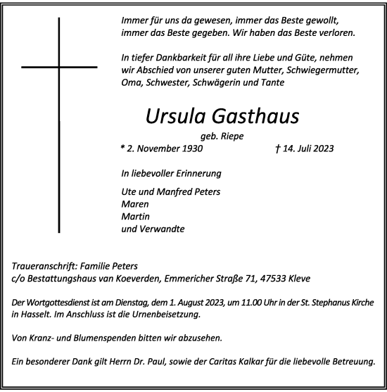 Traueranzeige von Ursula Gasthaus von Rheinische Post