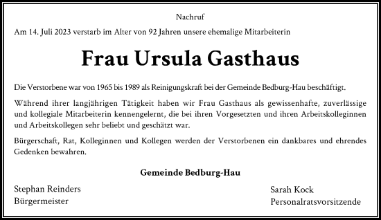 Traueranzeige von Ursula Gasthaus von Rheinische Post