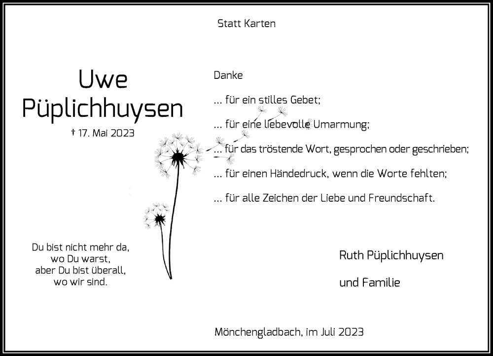  Traueranzeige für Uwe Püplichhuysen vom 08.07.2023 aus Rheinische Post