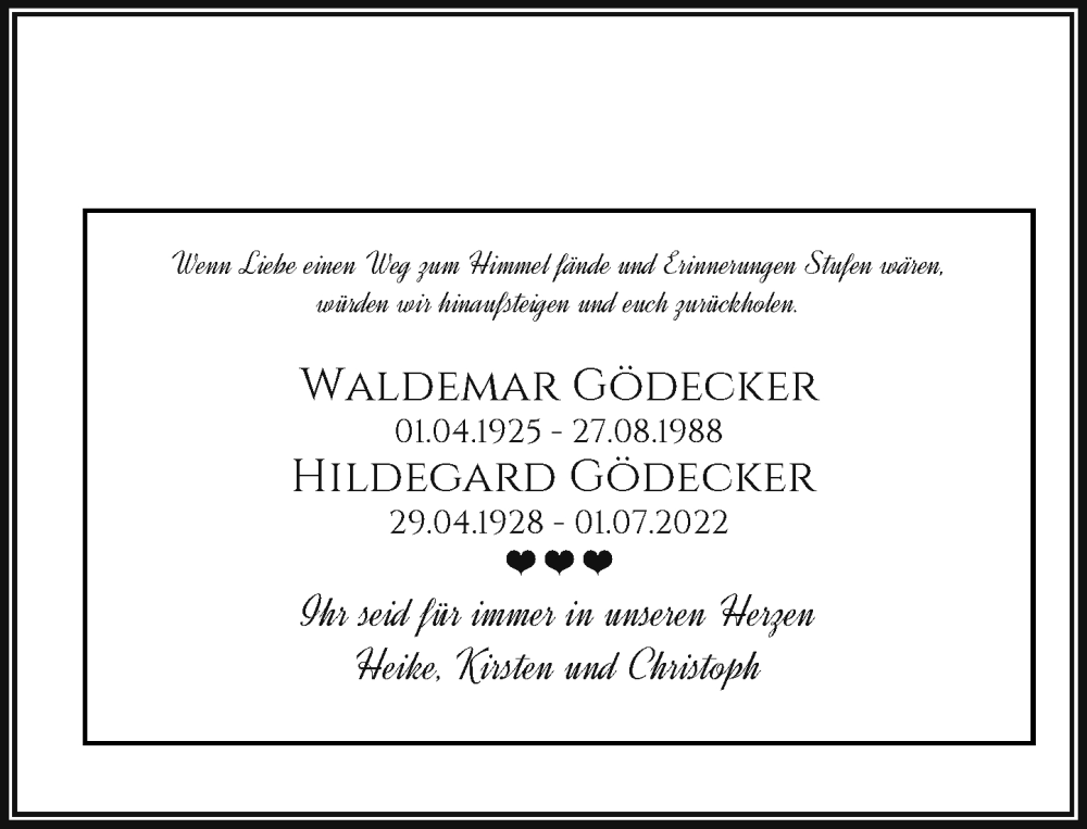  Traueranzeige für Waldemar und Hildegard Gödecker vom 01.07.2023 aus Rheinische Post