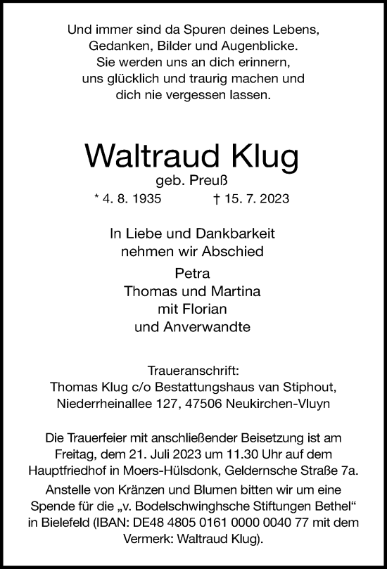 Traueranzeige von Waltraud Klug von Rheinische Post