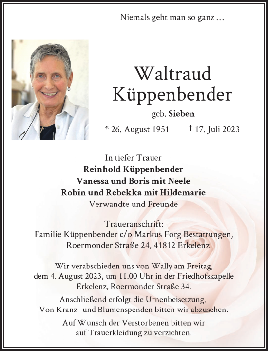 Traueranzeige von Waltraud Küppenbender von Rheinische Post