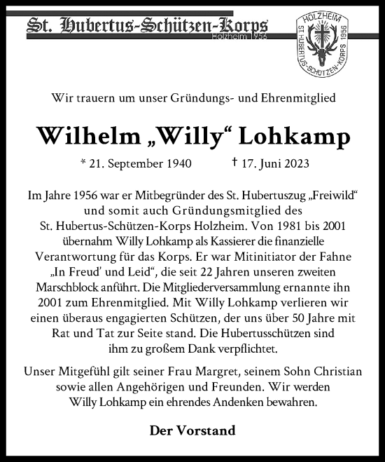 Traueranzeige von Wilhelm Lohkamp von Rheinische Post