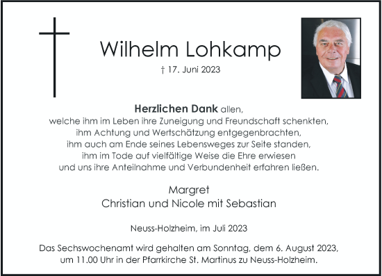 Traueranzeige von Wilhelm Lohkamp von Rheinische Post