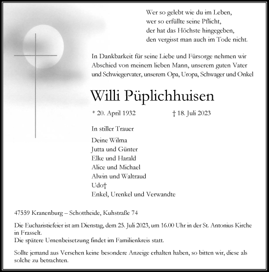 Traueranzeige von Willi Püplichhuisen von Rheinische Post