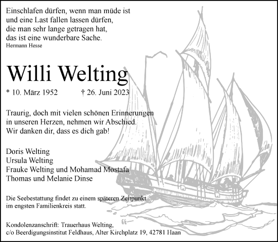 Traueranzeige von Willi Welting von Rheinische Post