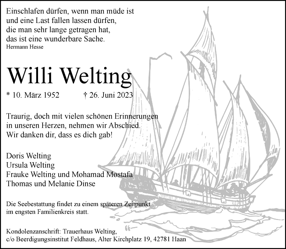  Traueranzeige für Willi Welting vom 05.07.2023 aus Rheinische Post
