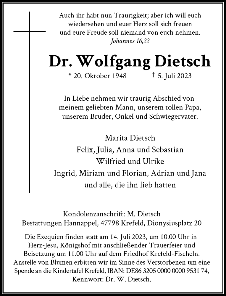  Traueranzeige für Wolfgang Dietsch vom 08.07.2023 aus Rheinische Post