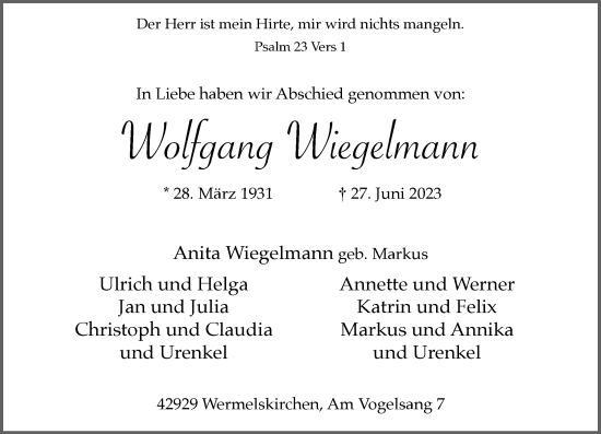 Traueranzeige von Wolfgang Wiegelmann von Rheinische Post