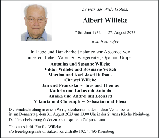 Traueranzeige von Albert Willeke von Rheinische Post