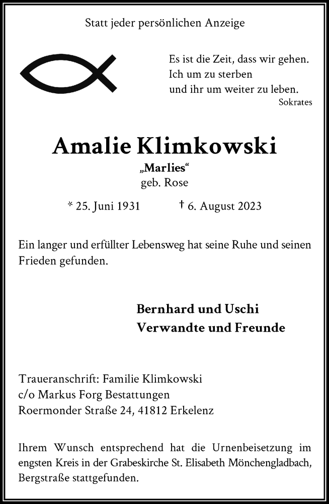  Traueranzeige für Amalie Klimkowski vom 26.08.2023 aus Rheinische Post