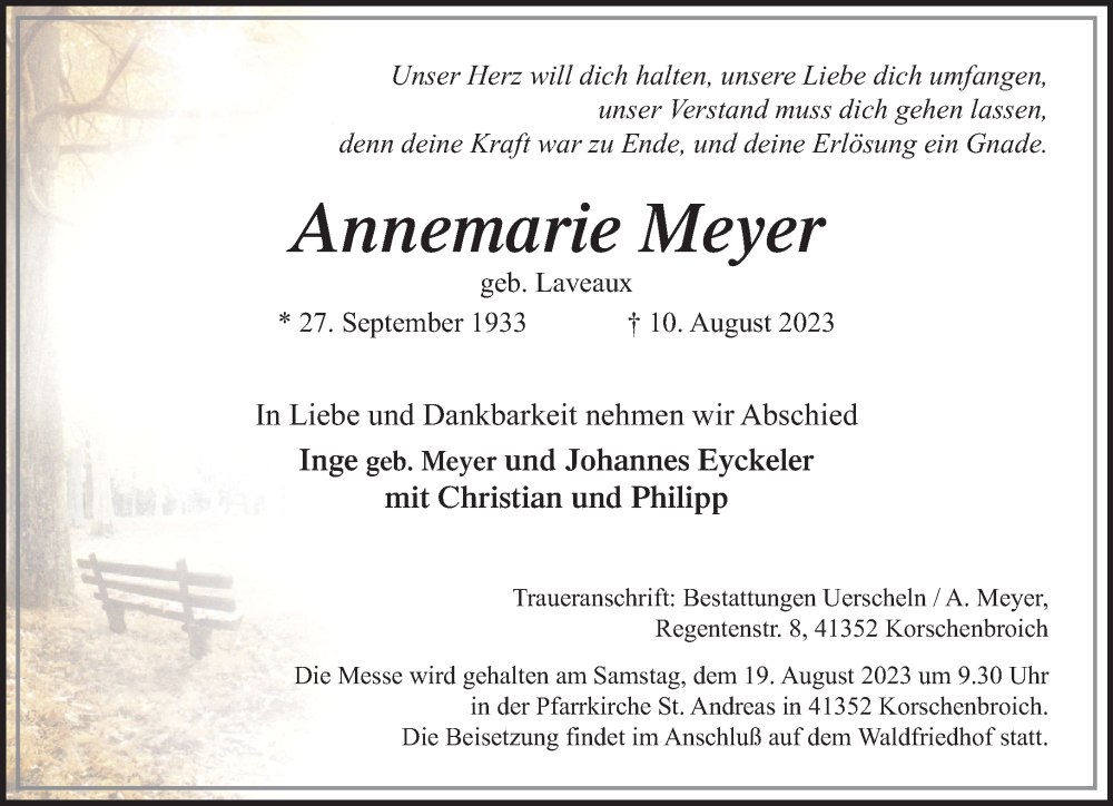  Traueranzeige für Annemarie Meyer vom 12.08.2023 aus Rheinische Post