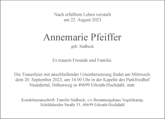 Traueranzeige von Annemarie Pfeiffer von Rheinische Post