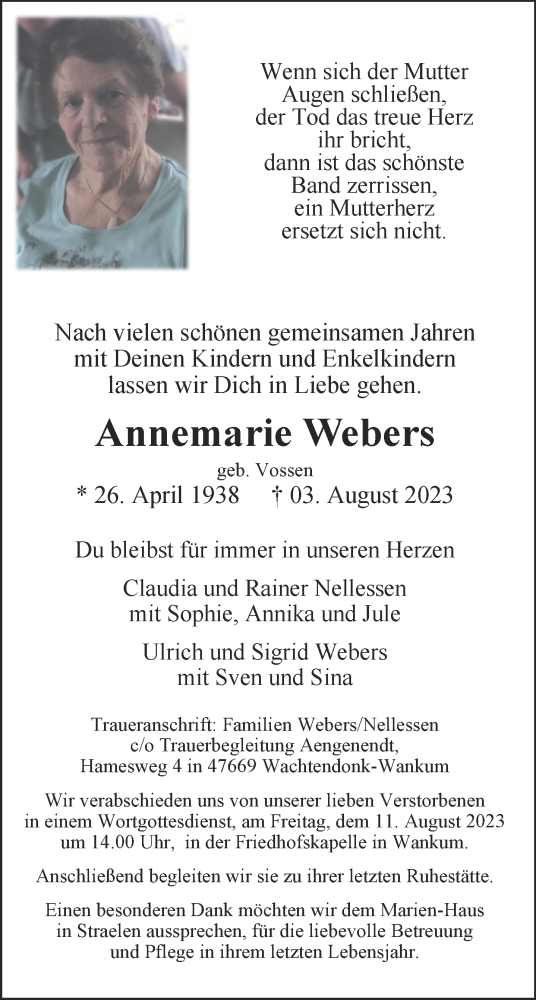 Traueranzeige von Annemarie Webers von Rheinische Post