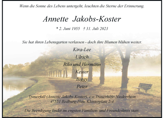 Traueranzeige von Annette Jakobs-Koster von Rheinische Post