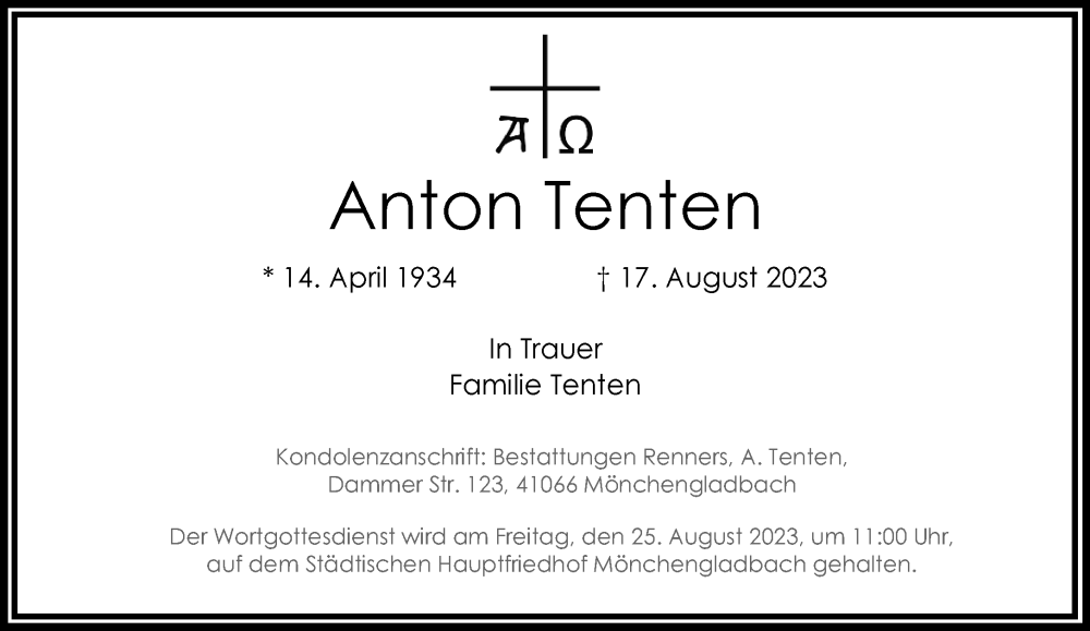  Traueranzeige für Anton Tenten vom 23.08.2023 aus Rheinische Post
