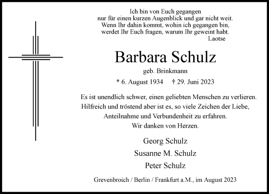 Traueranzeige von Barbara Schulz von Rheinische Post