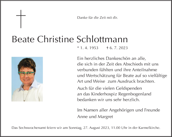 Traueranzeige von Beate Christine Schlottmann von Rheinische Post