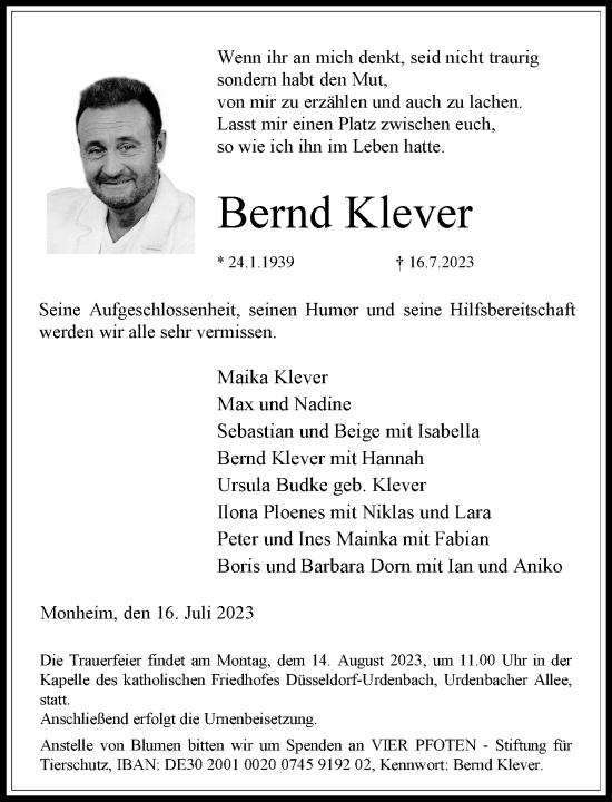 Traueranzeige von Bernd Klever von Rheinische Post