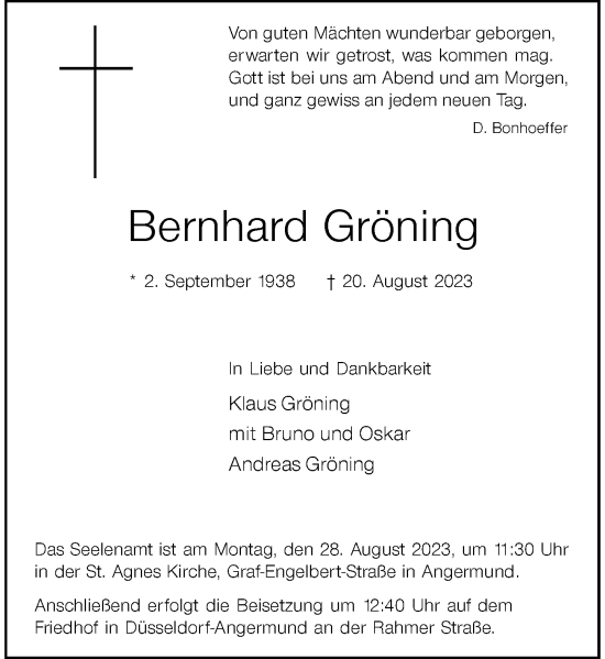 Traueranzeige von Bernhard Gröning von Rheinische Post