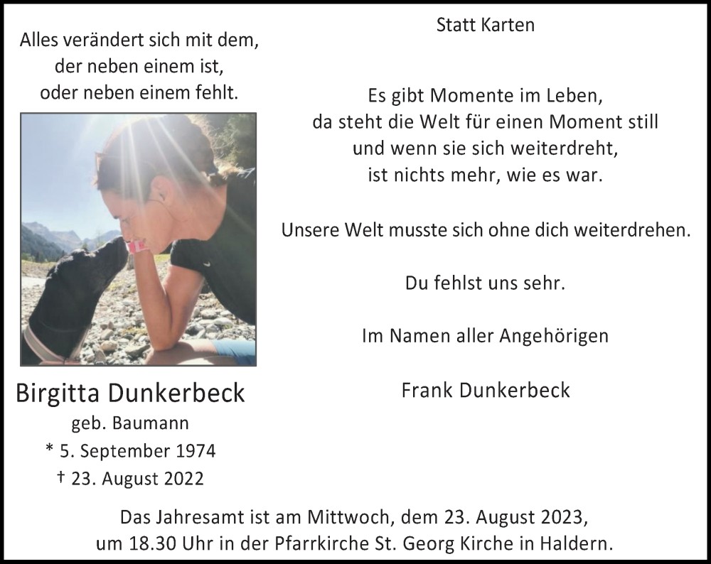  Traueranzeige für Birgitta Dunkerbeck vom 19.08.2023 aus Rheinische Post