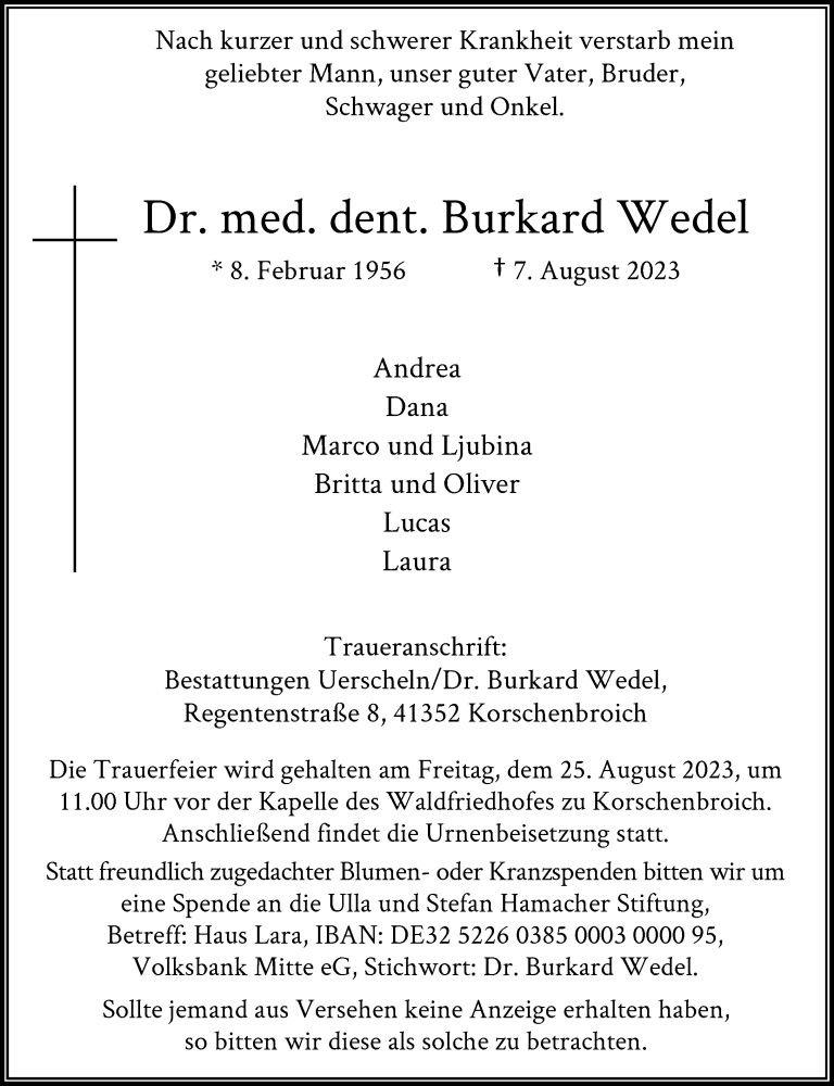  Traueranzeige für Burkard Wedel vom 19.08.2023 aus Rheinische Post