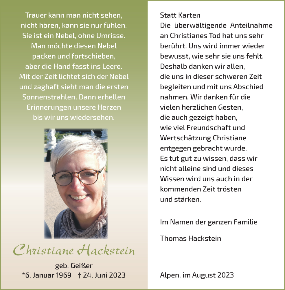  Traueranzeige für Christiane Hackstein vom 05.08.2023 aus Rheinische Post