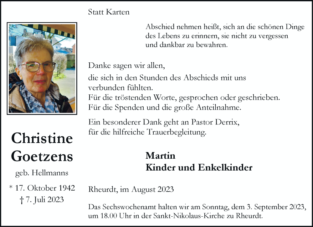  Traueranzeige für Christine Goetzens vom 30.08.2023 aus Rheinische Post