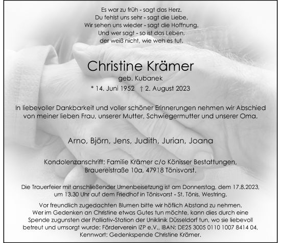 Traueranzeige von Christine Krämer von Rheinische Post