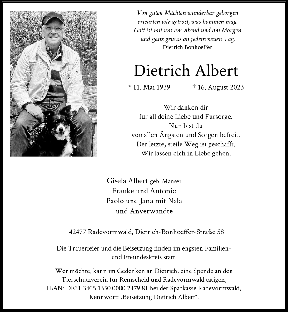  Traueranzeige für Dietrich Albert vom 26.08.2023 aus Rheinische Post