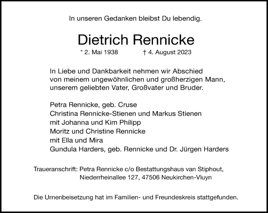 Traueranzeige von Dietrich Rennicke von Rheinische Post