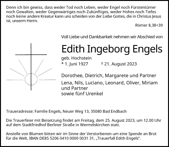 Traueranzeige von Edith Ingeborg Engels von Rheinische Post