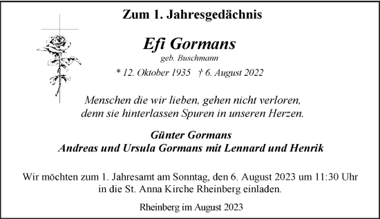 Traueranzeige von Efi Gormans von Rheinische Post