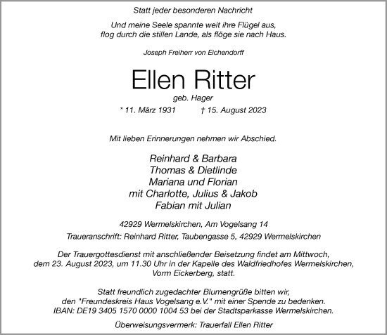 Traueranzeige von Ellen Ritter von Rheinische Post