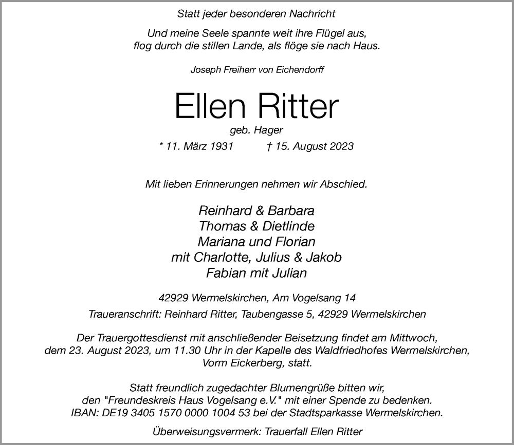  Traueranzeige für Ellen Ritter vom 19.08.2023 aus Rheinische Post