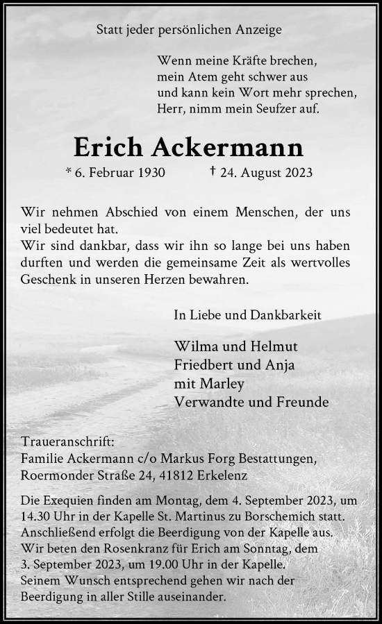 Traueranzeige von Erich Ackermann von Rheinische Post