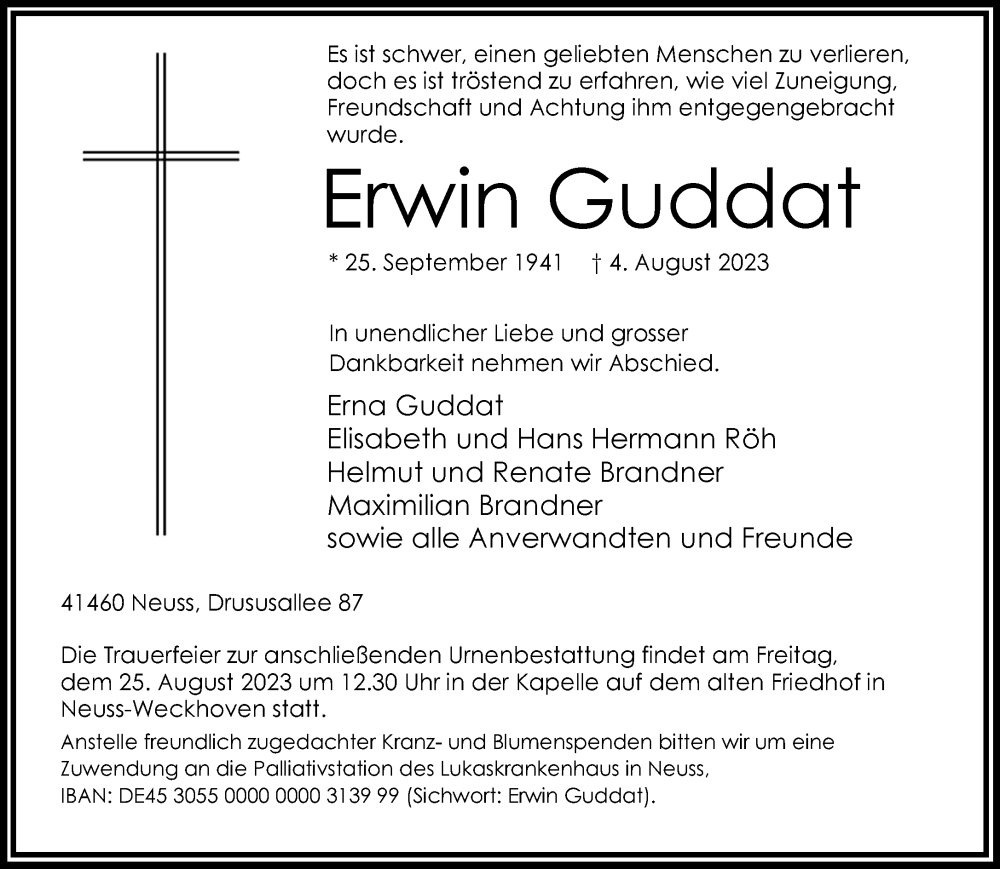 Traueranzeige für Erwin Guddat vom 19.08.2023 aus Rheinische Post