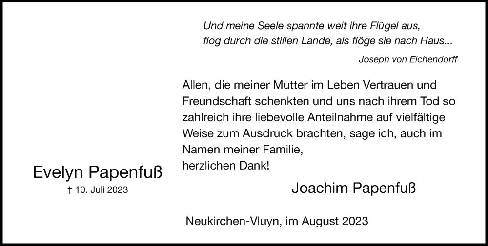  Traueranzeige für Evelyn Papenfuß vom 19.08.2023 aus Rheinische Post