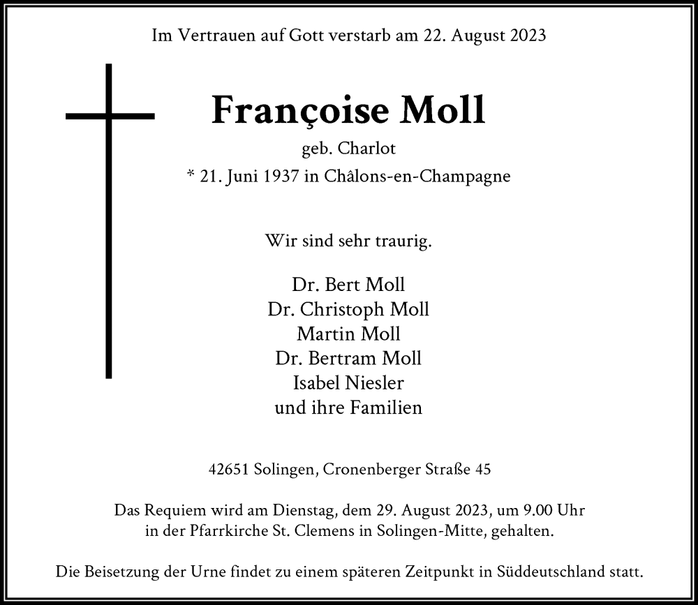  Traueranzeige für Francoise Moll vom 26.08.2023 aus Rheinische Post